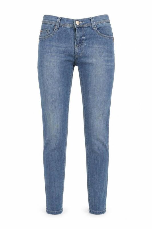 Front view of Denim & Co. women’s blue cotton blend skinny jeans, size UK 10, 28.5-inch leg regular zip