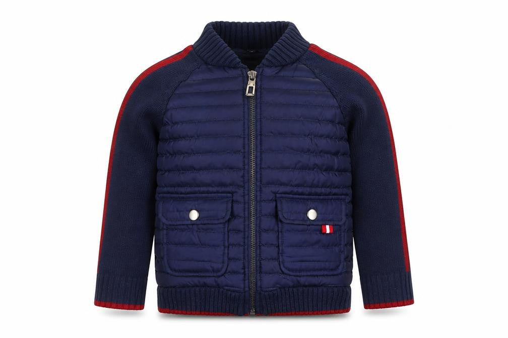 Front view of E of M boys’ blue jacket, size 3, years zip
