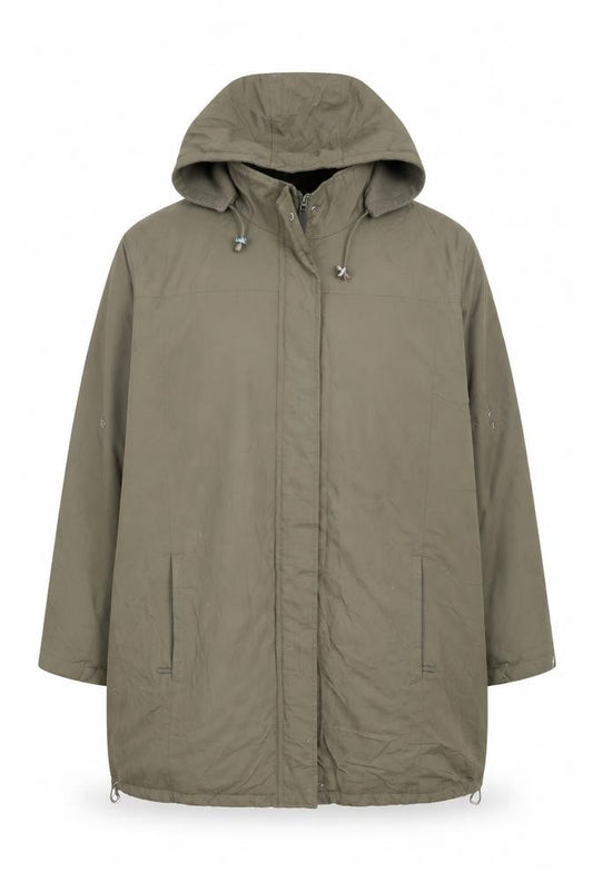 Front view of NuAge women’s green jacket, size UK 20, zip - hooded zipped pockets