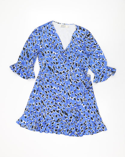 IVIVI Womens Blue Animal Print Polyester Wrap Dress Size M V-Neck Tie