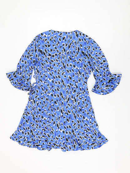 IVIVI Womens Blue Animal Print Polyester Wrap Dress Size M V-Neck Tie