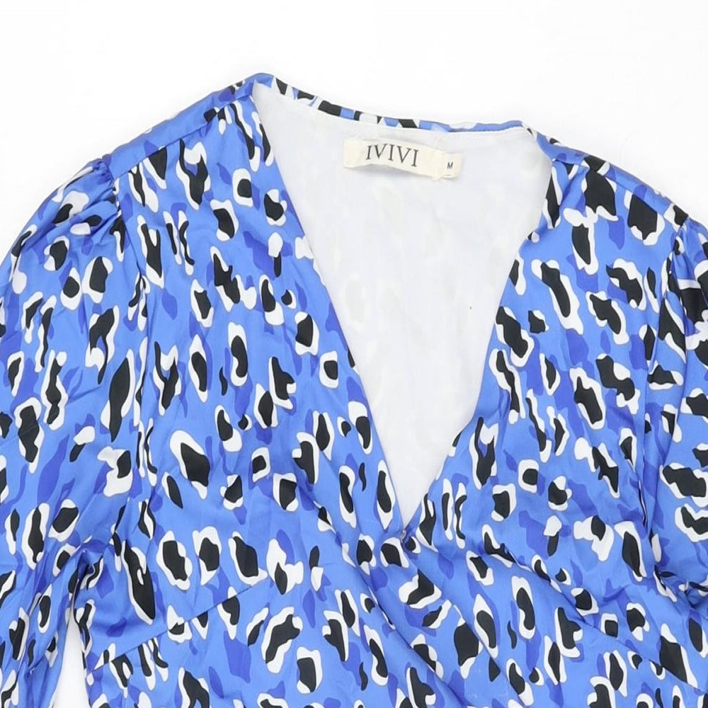 IVIVI Womens Blue Animal Print Polyester Wrap Dress Size M V-Neck Tie