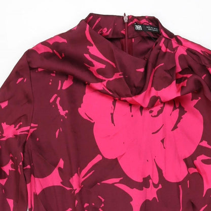 Zara Womens Pink Floral Polyester Mini Size S Round Neck Zip