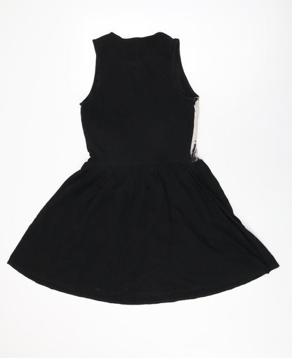 Topshop Womens Black Animal Print Cotton Skater Dress Size 10 Round Neck Pullover