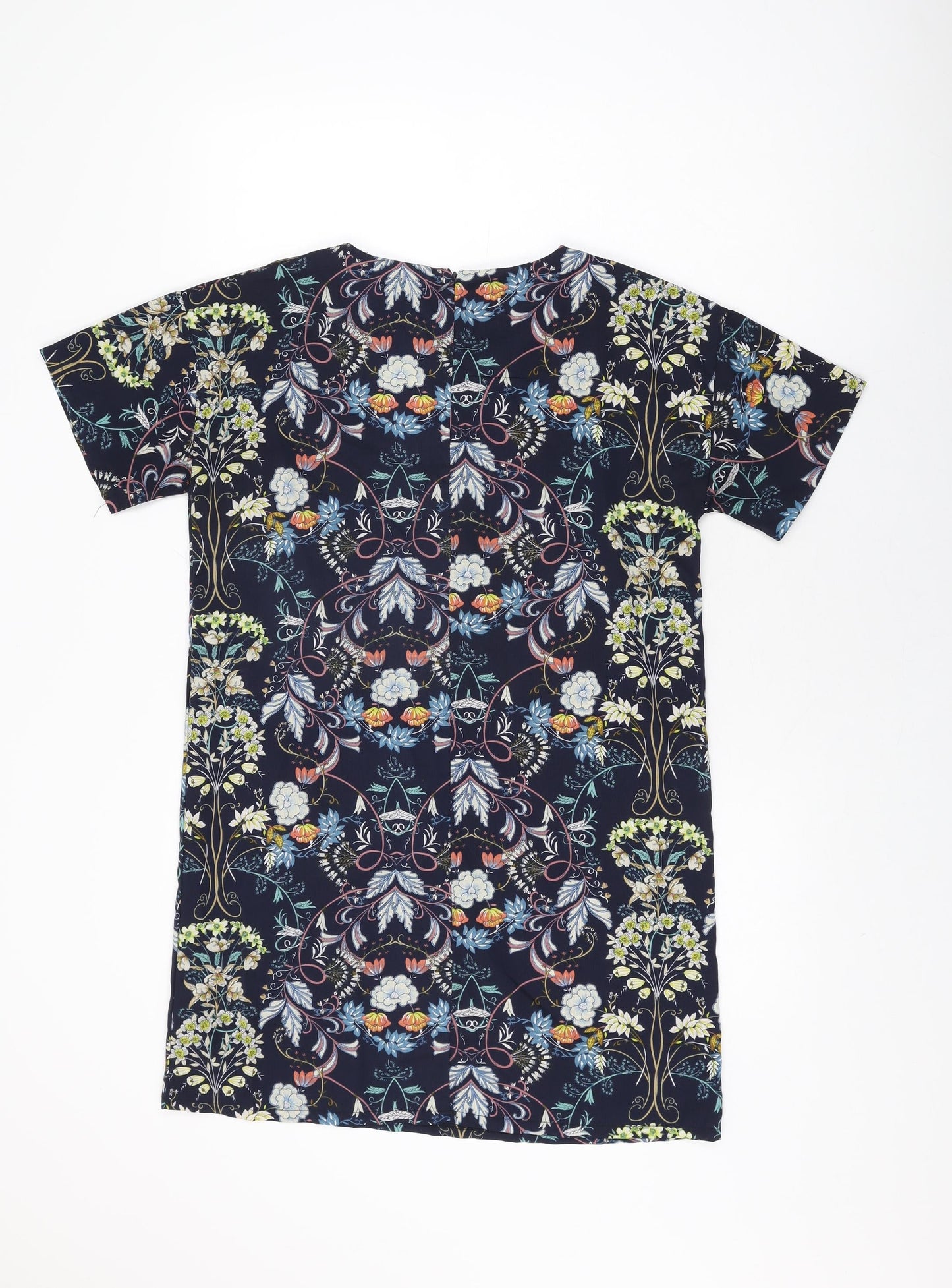 Boohoo Womens Blue Floral Polyester Shift Size 8 Round Neck Zip