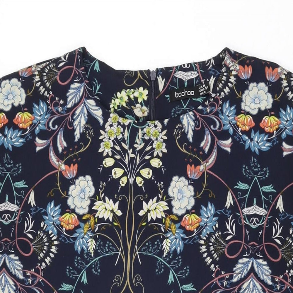 Boohoo Womens Blue Floral Polyester Shift Size 8 Round Neck Zip