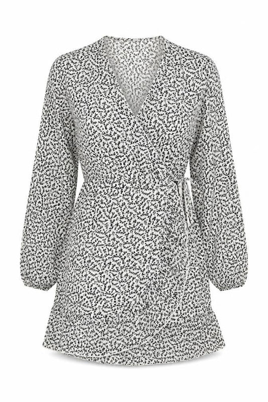Front view of JDY women’s white floral polyester wrap dress, size UK 6, v-neck pullover
