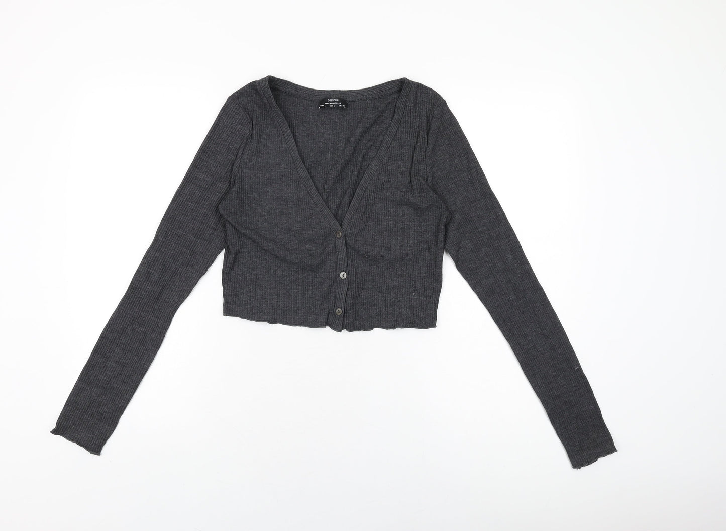 Bershka Womens Grey Polyester Basic Button-Up Size L V-Neck