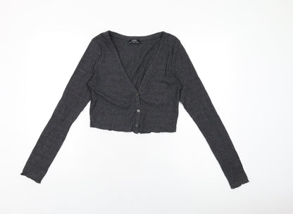 Bershka Womens Grey Polyester Basic Button-Up Size L V-Neck