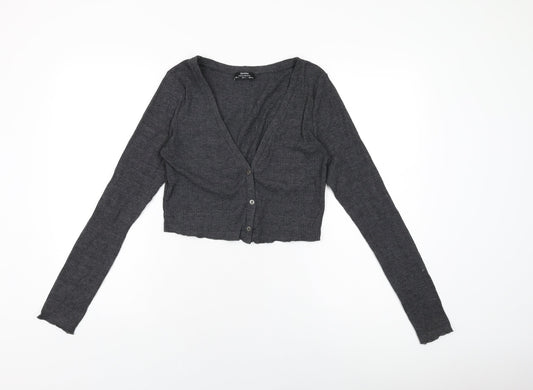 Bershka Womens Grey Polyester Basic Button-Up Size L V-Neck