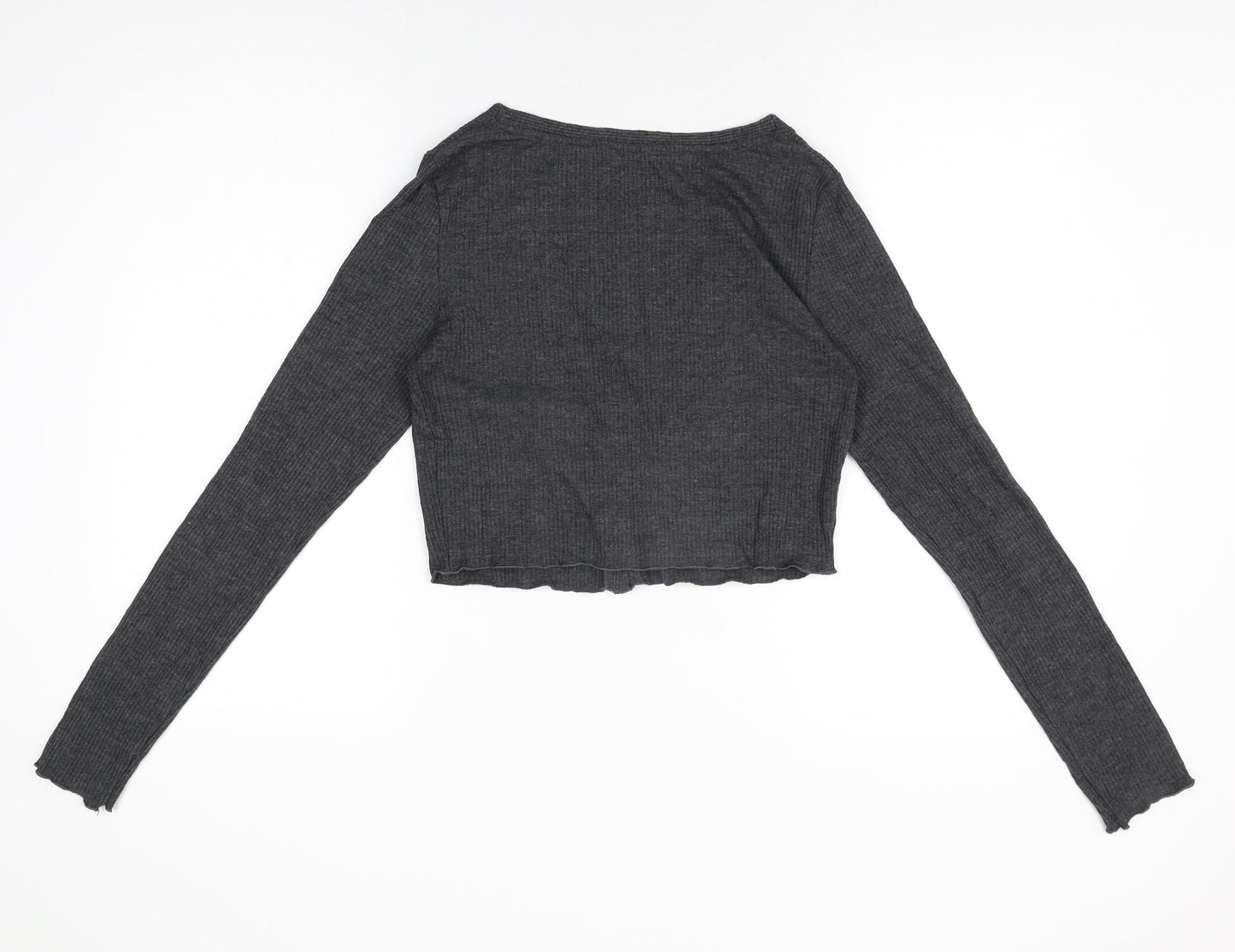 Bershka Womens Grey Polyester Basic Button-Up Size L V-Neck