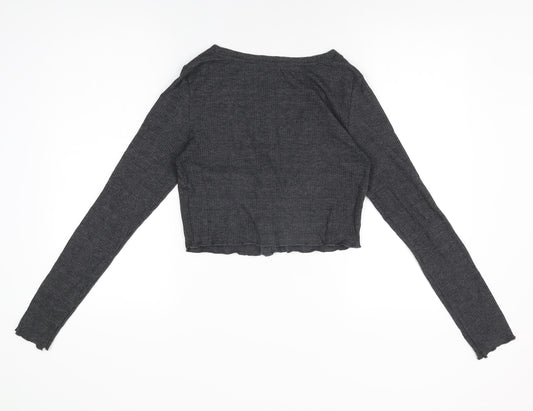 Bershka Womens Grey Polyester Basic Button-Up Size L V-Neck