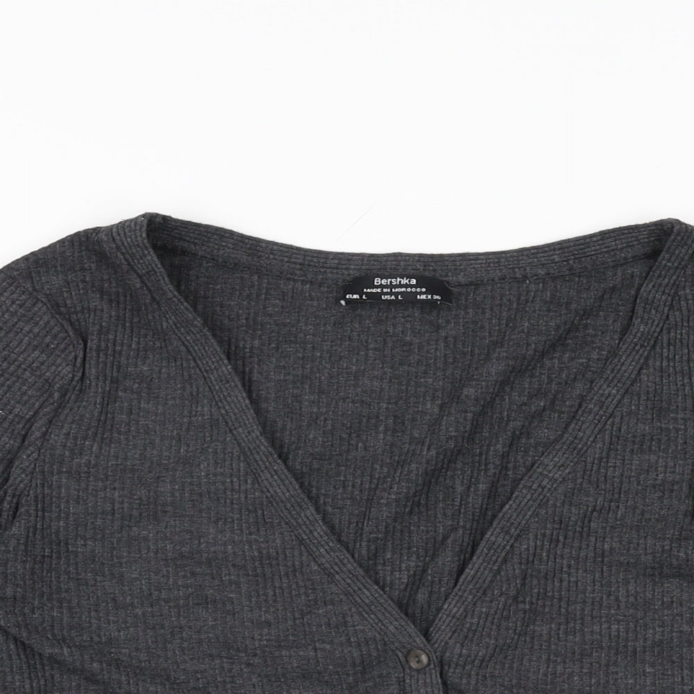 Bershka Womens Grey Polyester Basic Button-Up Size L V-Neck