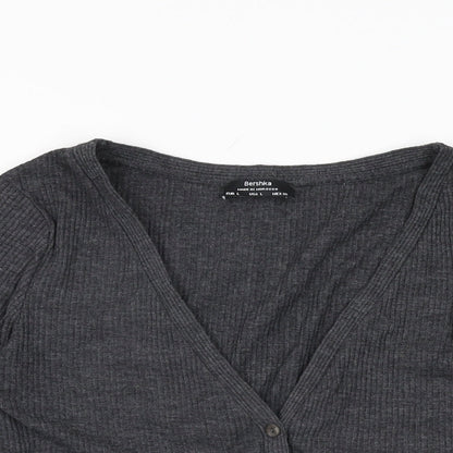 Bershka Womens Grey Polyester Basic Button-Up Size L V-Neck
