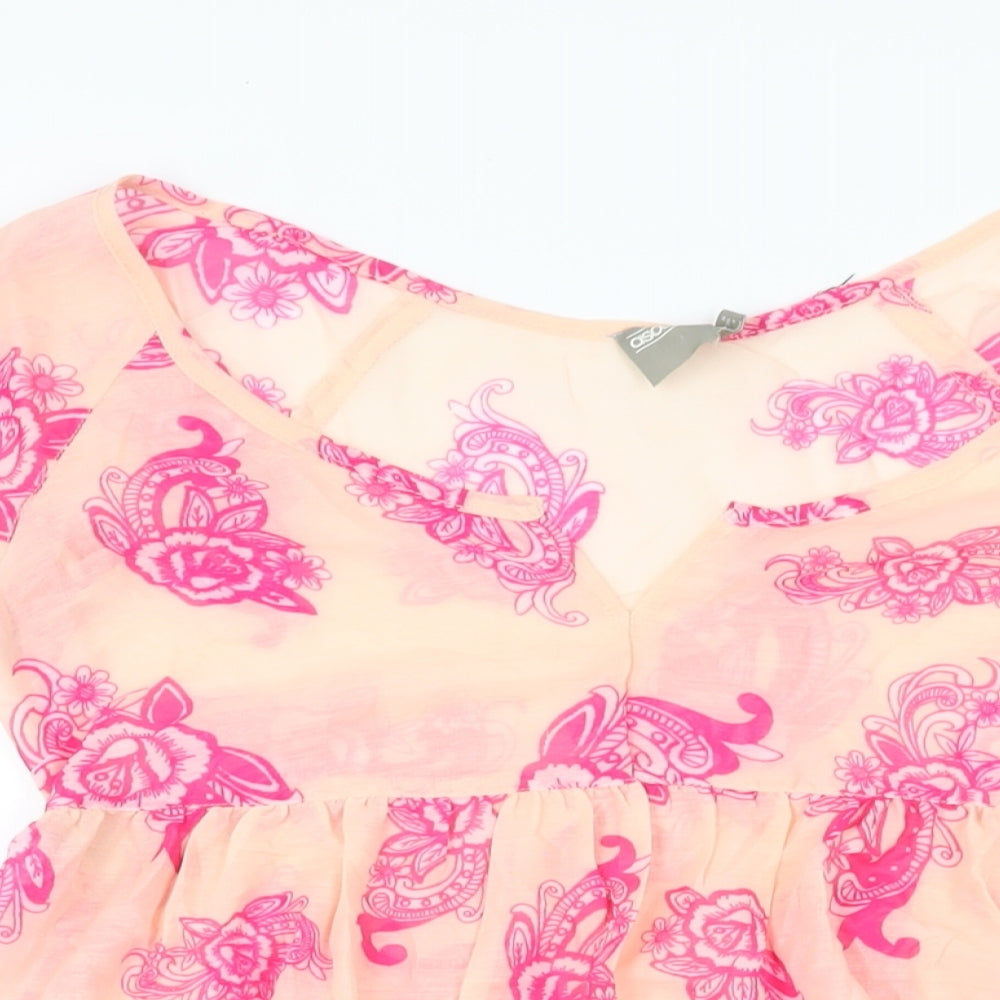 ASOS Womens Pink Floral Polyester Mini Size 8 Scoop Neck Pullover - Sheer