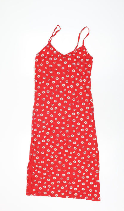 PRETTYLITTLETHING Womens Red Floral Viscose Bodycon Size 6 V-Neck Pullover