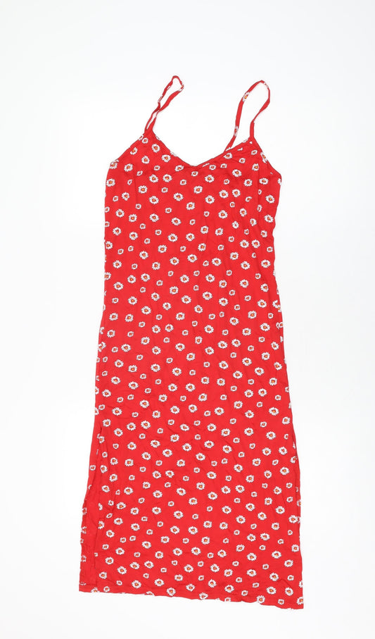 PRETTYLITTLETHING Womens Red Floral Viscose Bodycon Size 6 V-Neck Pullover