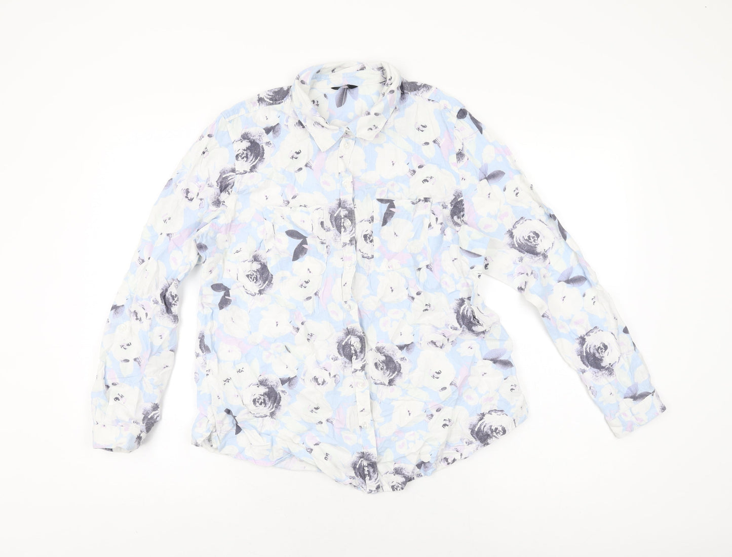 M&Co Womens Blue Floral Linen Basic Button-Up Size 14 Collared