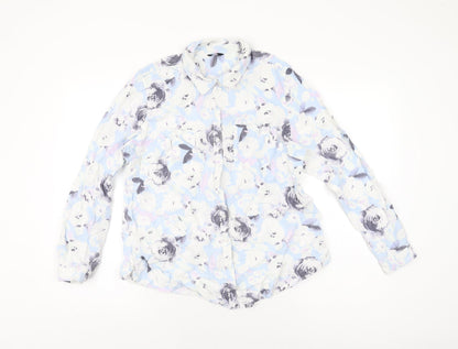 M&Co Womens Blue Floral Linen Basic Button-Up Size 14 Collared
