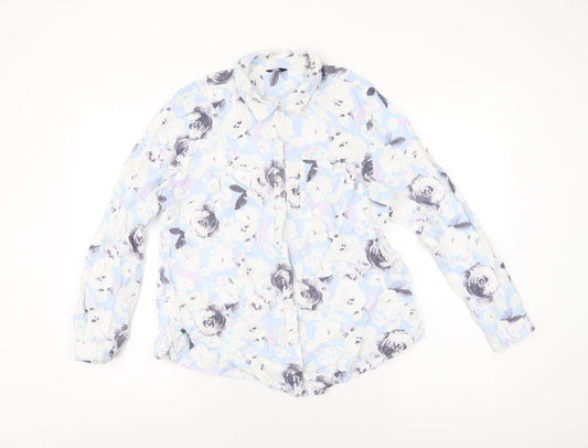 M&Co Womens Blue Floral Linen Basic Button-Up Size 14 Collared