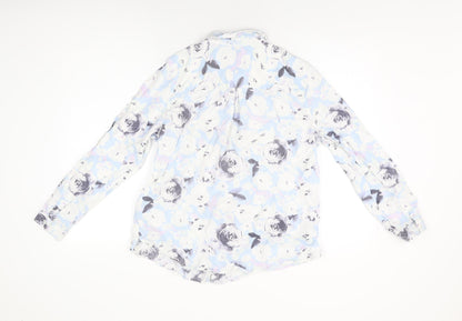 M&Co Womens Blue Floral Linen Basic Button-Up Size 14 Collared