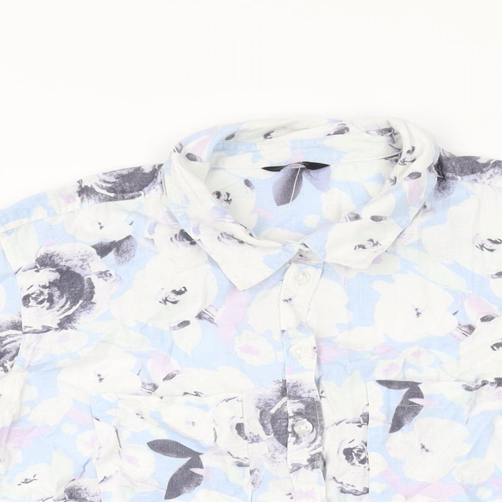 M&Co Womens Blue Floral Linen Basic Button-Up Size 14 Collared