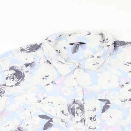 M&Co Womens Blue Floral Linen Basic Button-Up Size 14 Collared