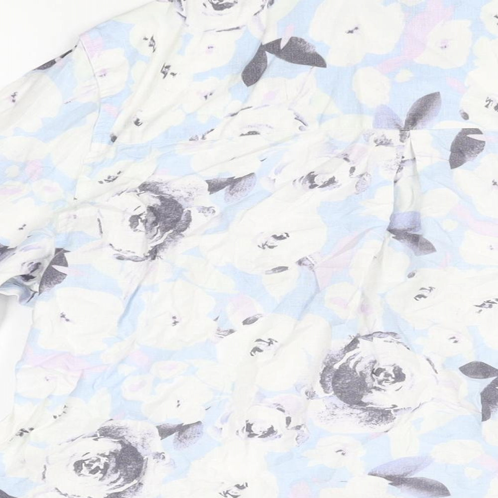 M&Co Womens Blue Floral Linen Basic Button-Up Size 14 Collared