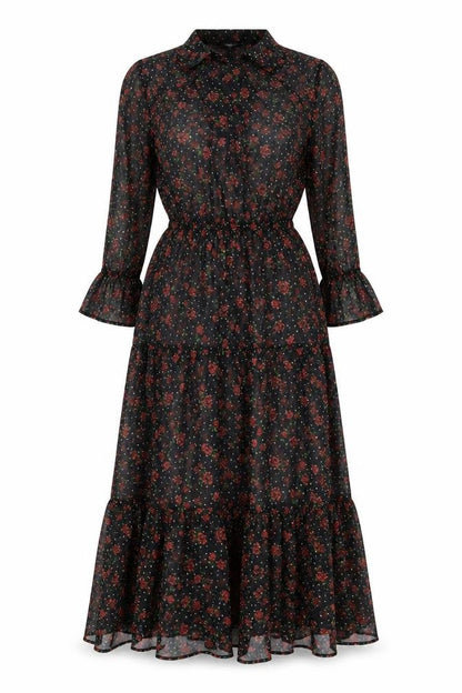 Marks and Spencer Womens Black Floral Polyester A-Line Size 8 Round Neck Tie