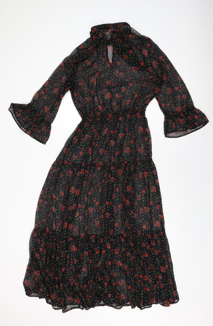 Marks and Spencer Womens Black Floral Polyester A-Line Size 8 Round Neck Tie