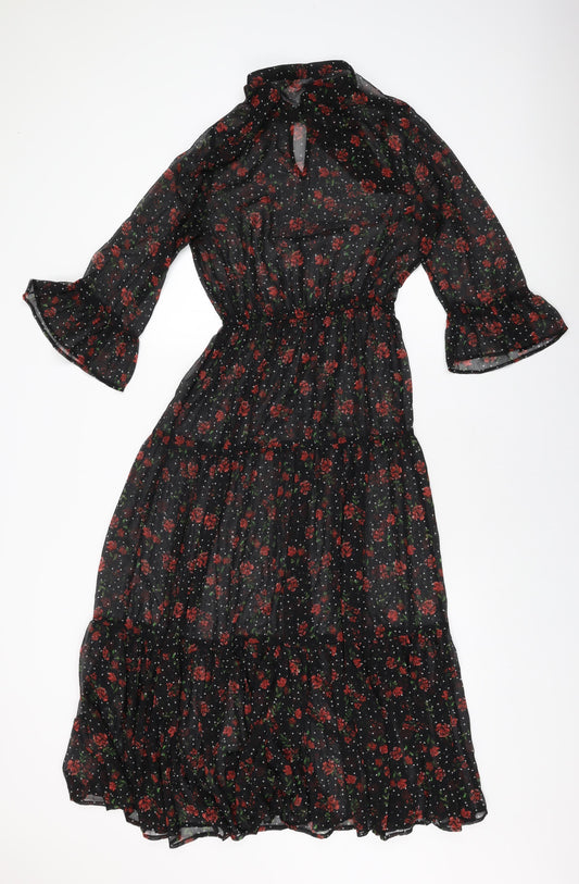 Marks and Spencer Womens Black Floral Polyester A-Line Size 8 Round Neck Tie