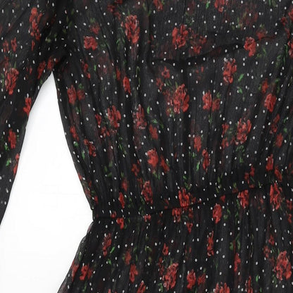 Marks and Spencer Womens Black Floral Polyester A-Line Size 8 Round Neck Tie