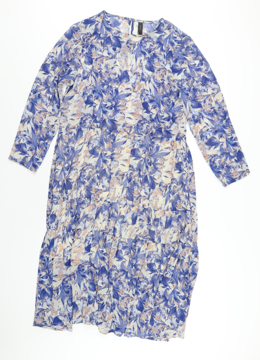 YAS Womens Blue Geometric Polyester A-Line Size M Round Neck Button
