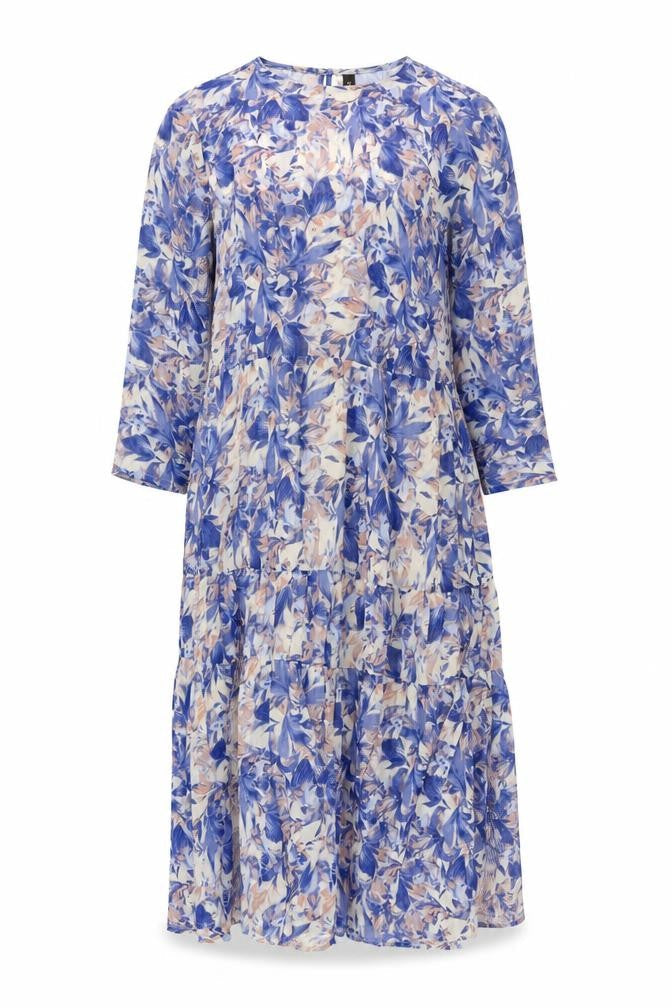 YAS Womens Blue Geometric Polyester A-Line Size M Round Neck Button