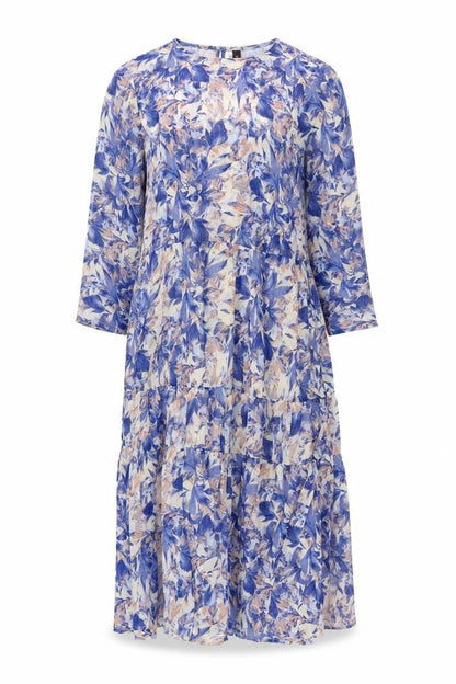 YAS Womens Blue Geometric Polyester A-Line Size M Round Neck Button