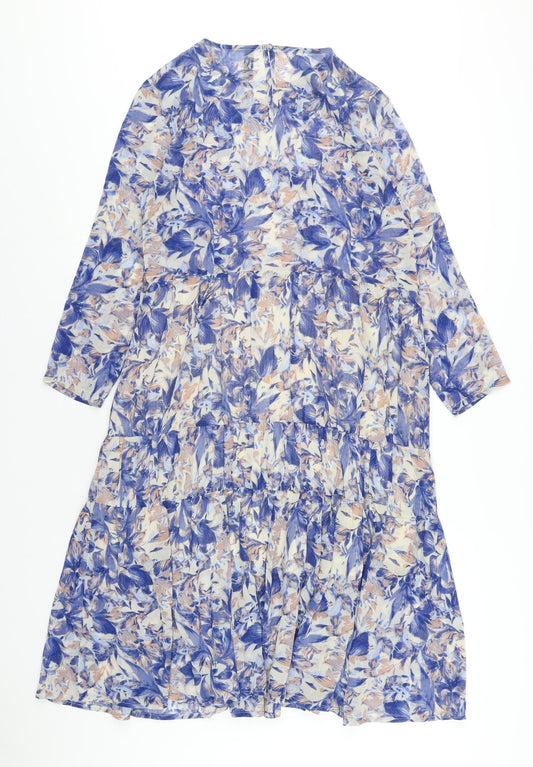 YAS Womens Blue Geometric Polyester A-Line Size M Round Neck Button