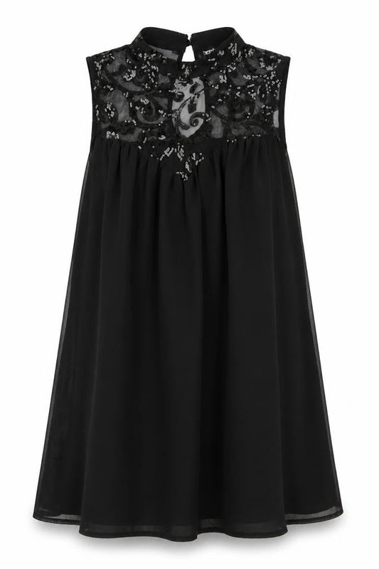 Boohoo Womens Black Polyester Trapeze & Swing Size 10 Round Neck Button - Sequin Mesh Neck