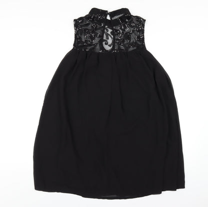 Boohoo Womens Black Polyester Trapeze & Swing Size 10 Round Neck Button - Sequin Mesh Neck