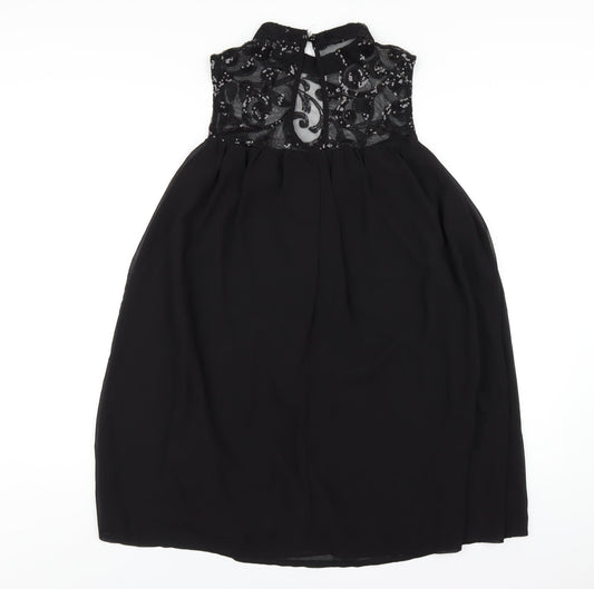 Boohoo Womens Black Polyester Trapeze & Swing Size 10 Round Neck Button - Sequin Mesh Neck
