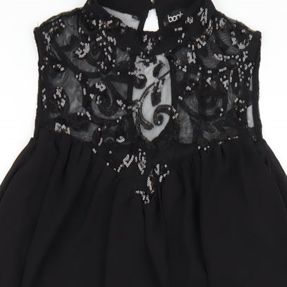 Boohoo Womens Black Polyester Trapeze & Swing Size 10 Round Neck Button - Sequin Mesh Neck