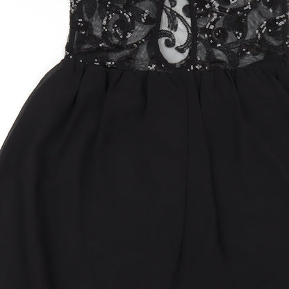 Boohoo Womens Black Polyester Trapeze & Swing Size 10 Round Neck Button - Sequin Mesh Neck