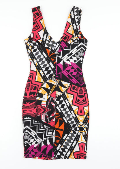 Lipsy Womens Multicoloured Geometric Polyester Bodycon Size 6 V-Neck Zip