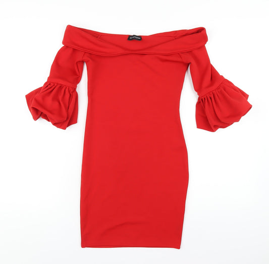PRETTYLITTLETHING Womens Red Polyester Bodycon Size 6 Off the Shoulder Pullover
