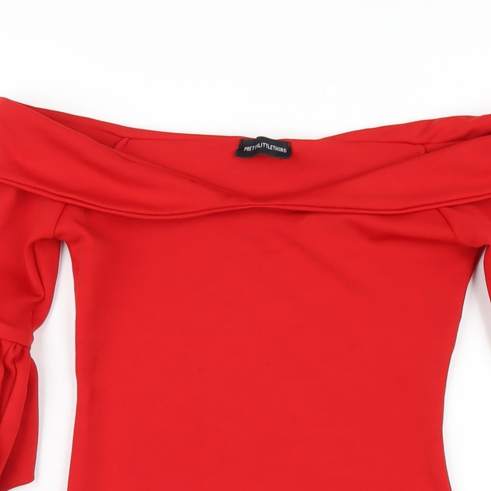 PRETTYLITTLETHING Womens Red Polyester Bodycon Size 6 Off the Shoulder Pullover