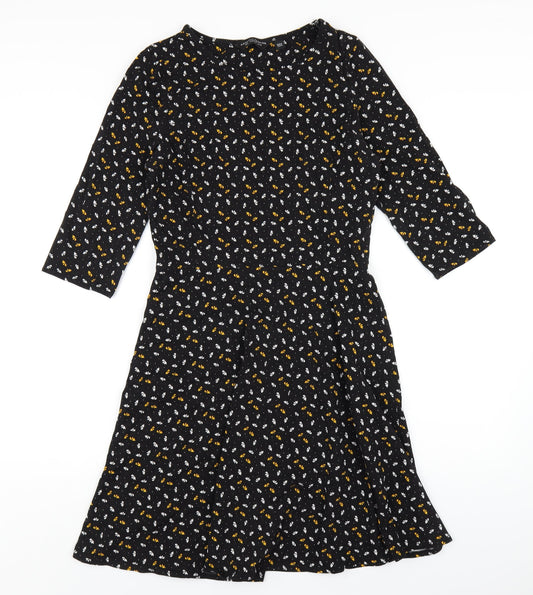 Dorothy Perkins Womens Black Floral Cotton A-Line Size 12 Round Neck Pullover