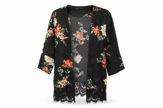 Front view of Miss Selfridge women’s black floral polyester kimono blouse, size M, v-neck - lace trim