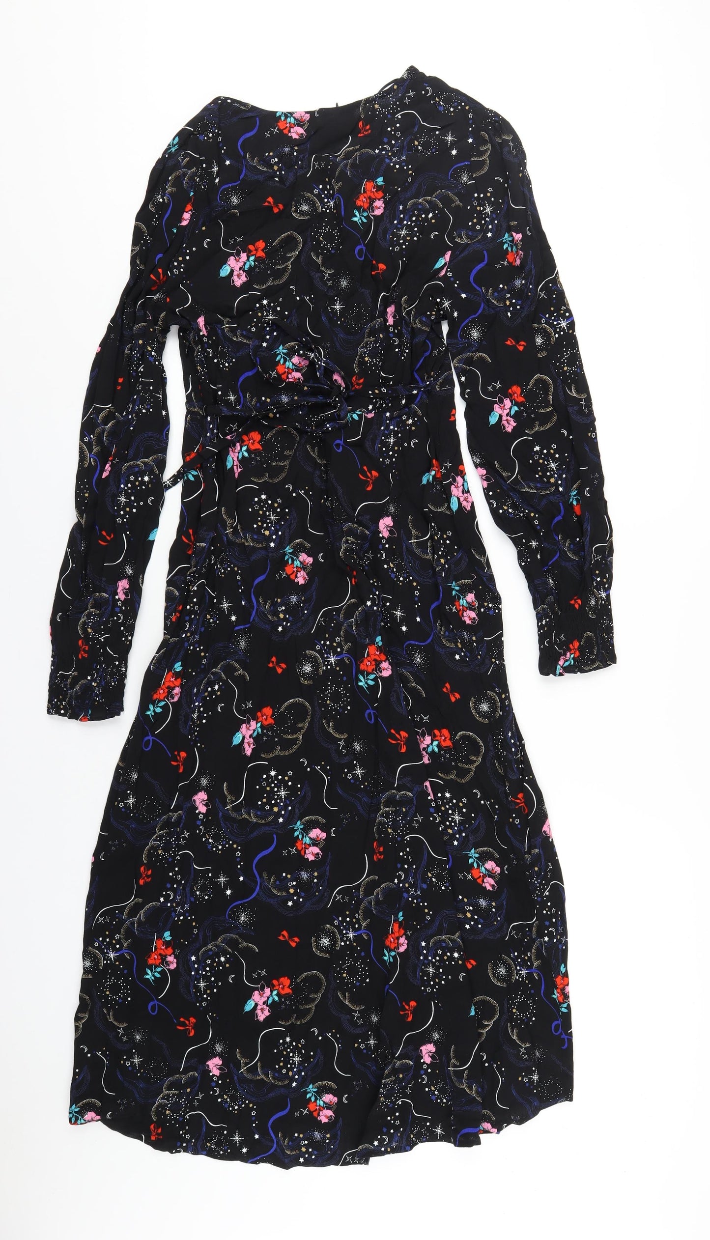 Marks and Spencer Womens Black Geometric Viscose A-Line Size 10 V-Neck Zip