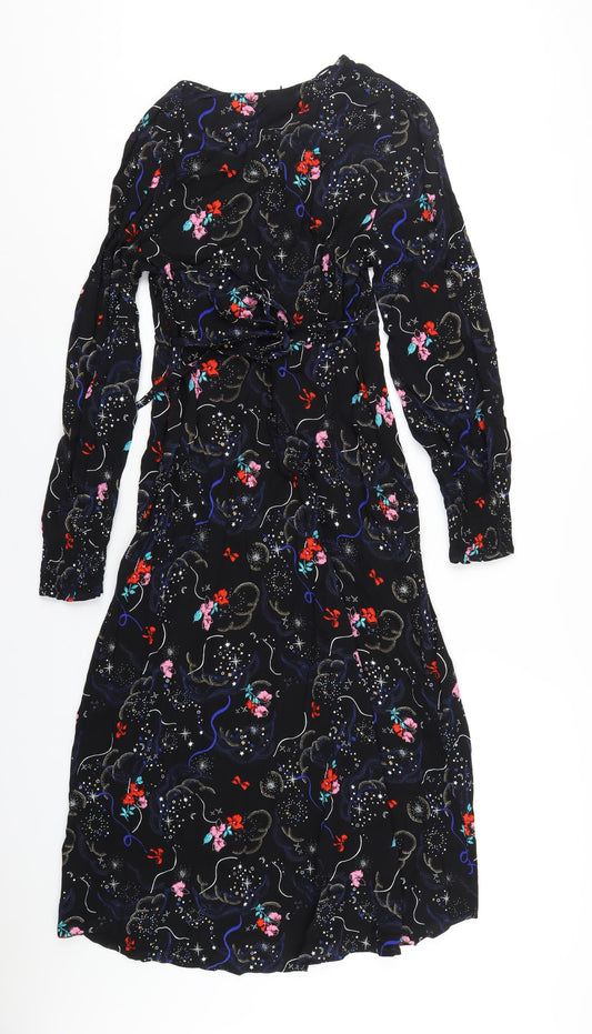 Marks and Spencer Womens Black Geometric Viscose A-Line Size 10 V-Neck Zip