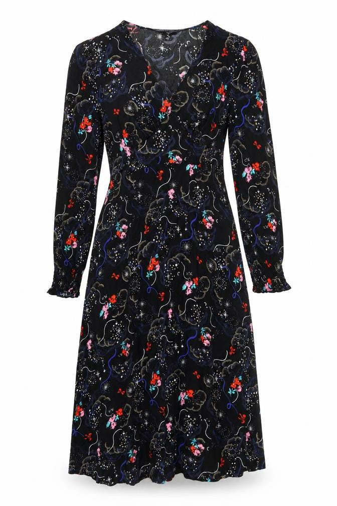 Marks and Spencer Womens Black Geometric Viscose A-Line Size 10 V-Neck Zip
