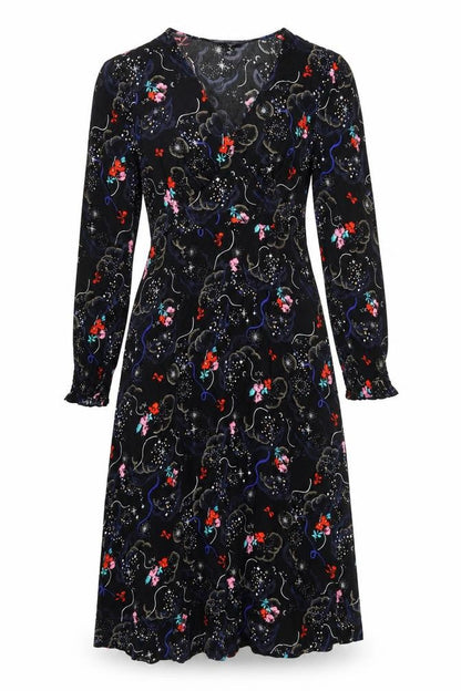 Marks and Spencer Womens Black Geometric Viscose A-Line Size 10 V-Neck Zip